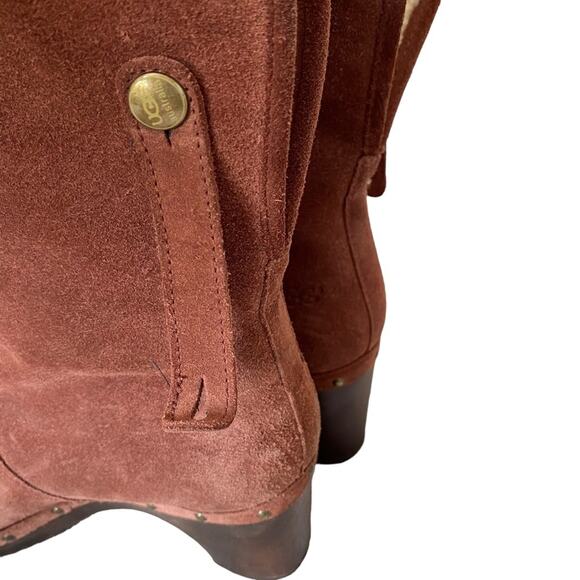 UGG Lynnea Chestnut Brown Suede Leather Shearling Wooden Heel Ankle Boots size 7 - Picture 8 of 11